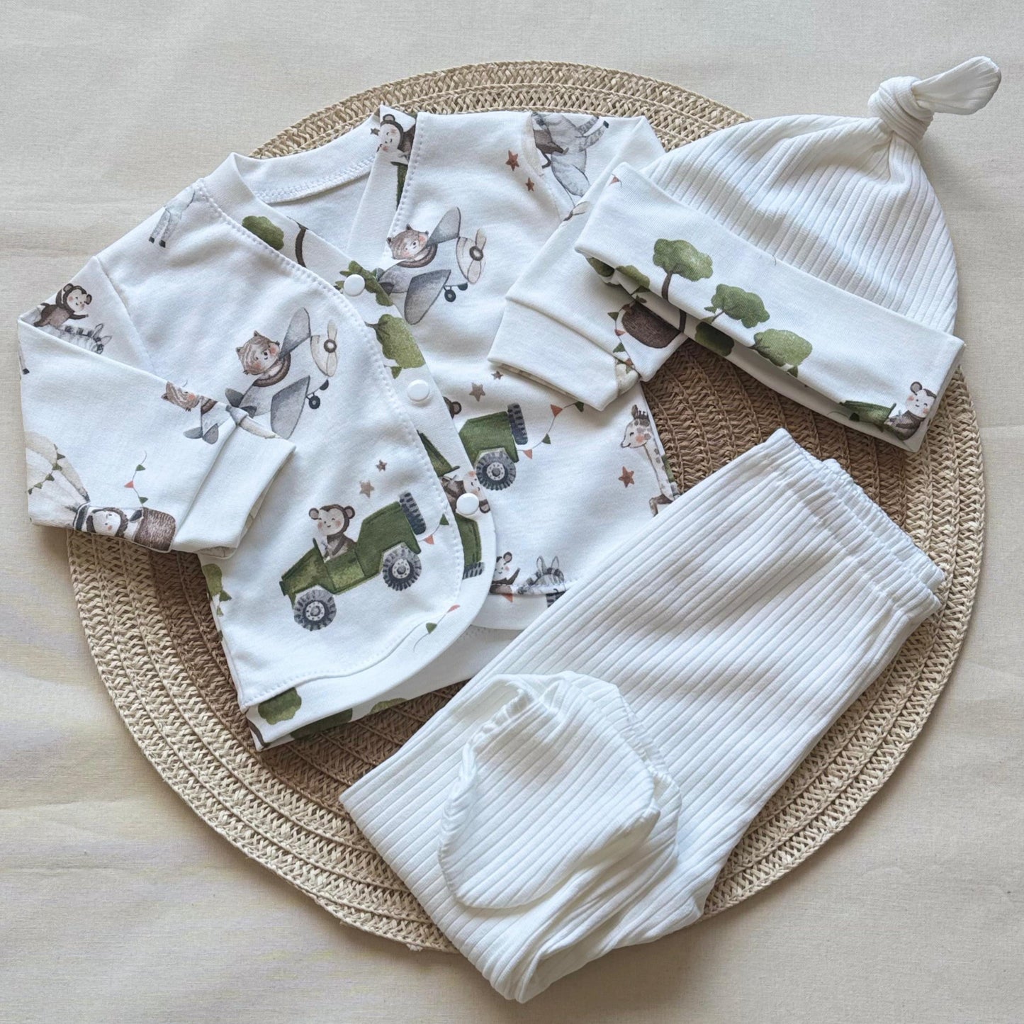 Set algodón - Animalitos pantalón blanco a rayas