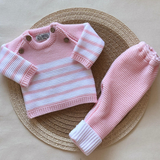 Conjunto tejido - Rosa bebé a rayas
