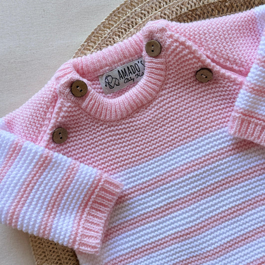 Conjunto tejido - Rosa bebé a rayas