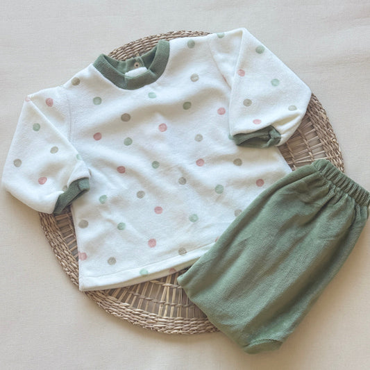 Conjunto plush - Blanco y verde lunares