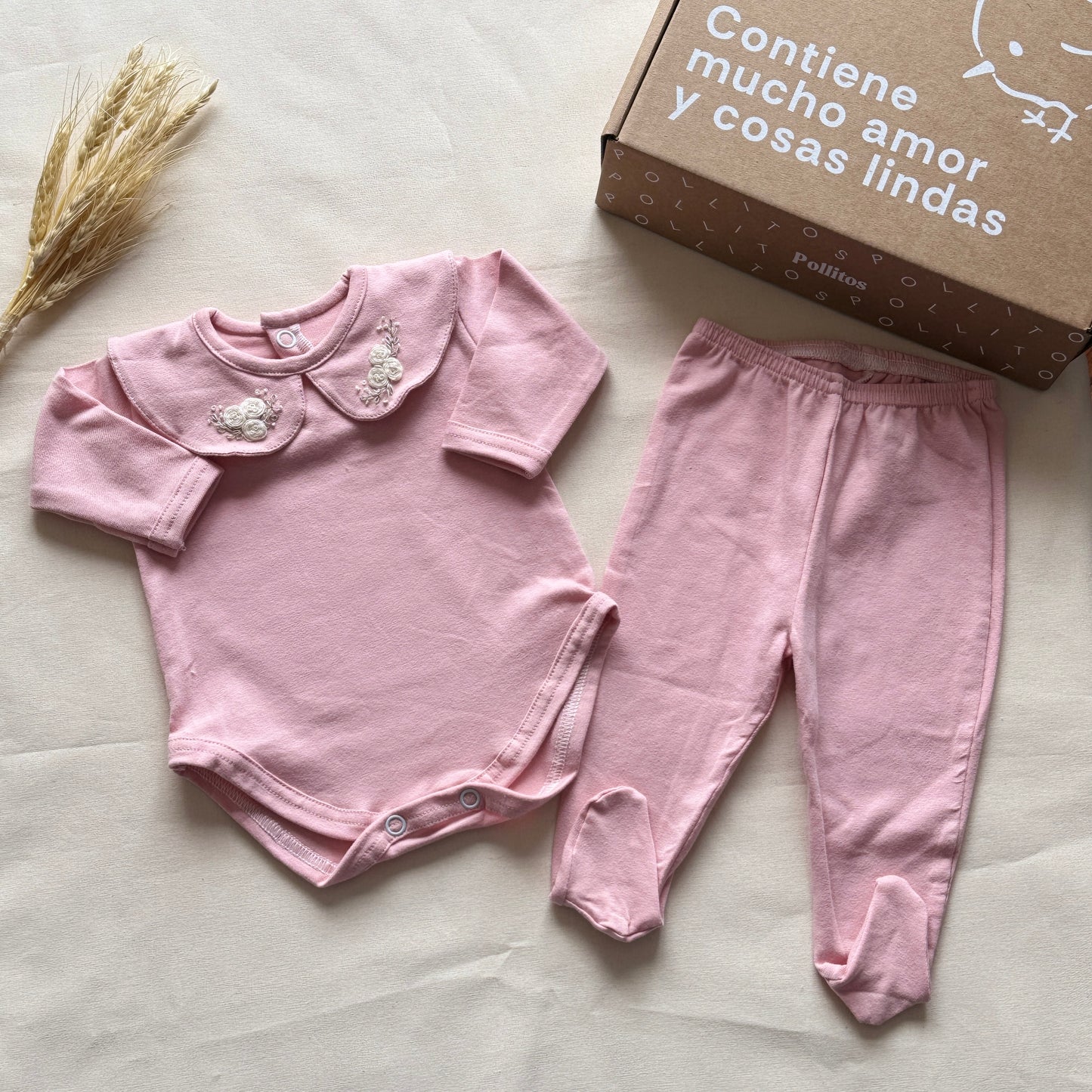 Set algodón - Rosa con florcitas blancas