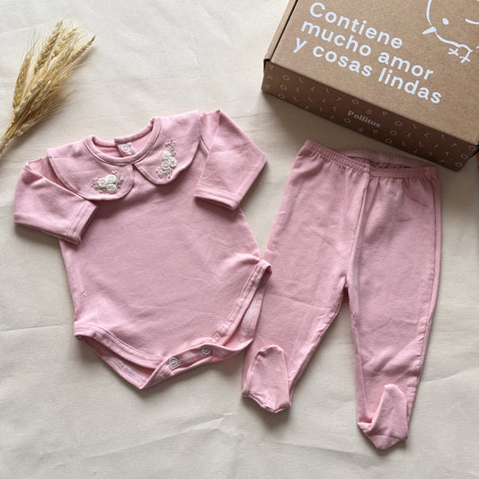Set algodón - Rosa con florcitas blancas
