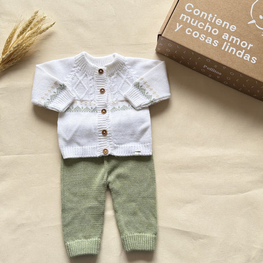 Conjunto hilo - Blanco y verde bordado