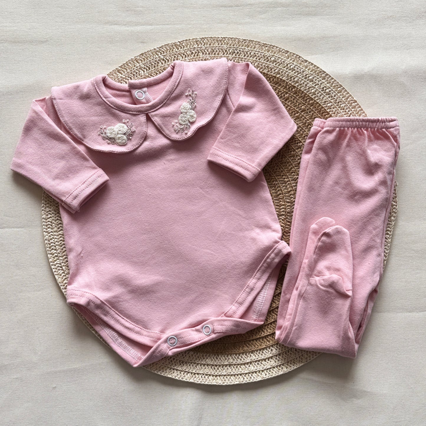 Set algodón - Rosa con florcitas blancas