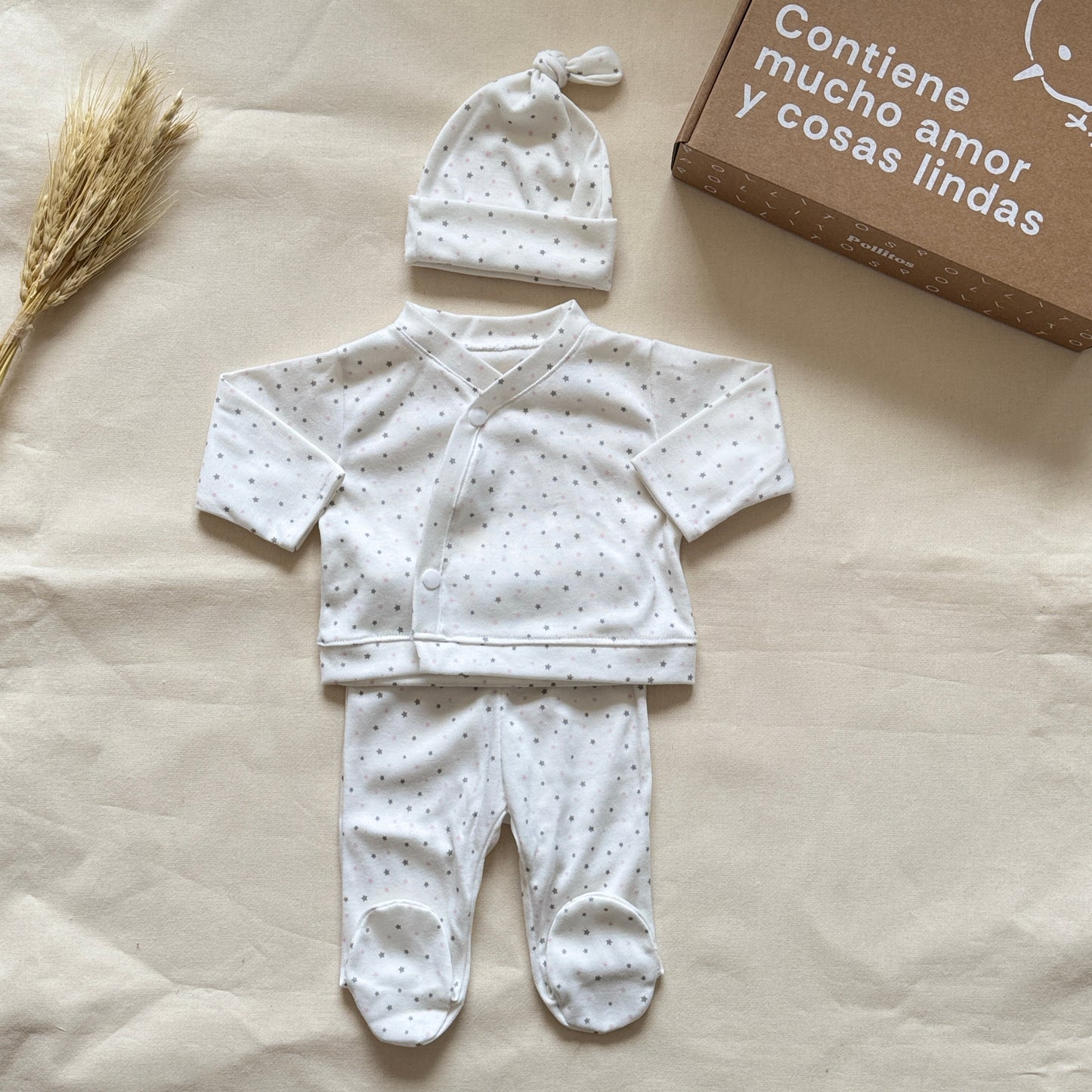 Set algodón - blanco con estrellitas rosas