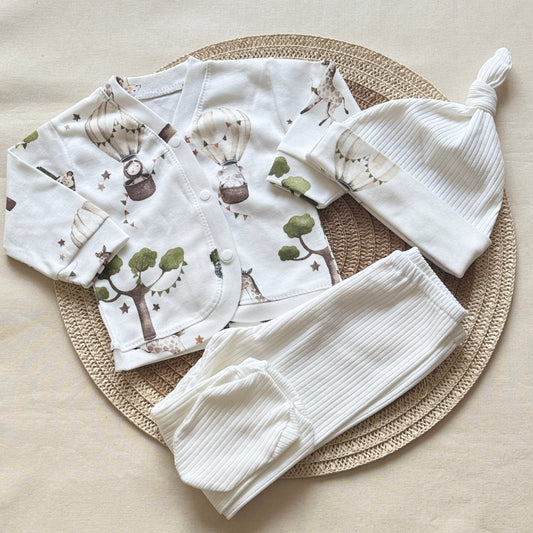 Set algodón - Animalitos pantalón blanco a rayas