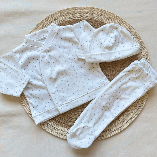 Set algodón - Blanco estrellitas grises y doradas