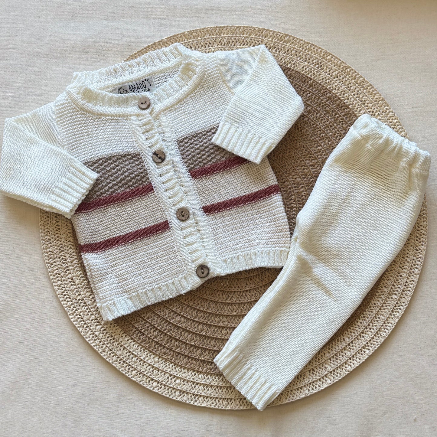 Conjunto hilo - Blanco a rayas rojas y beige