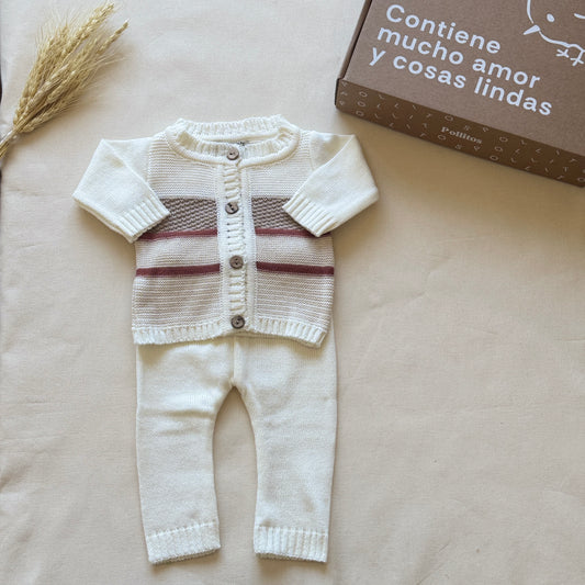 Conjunto hilo - Blanco a rayas rojas y beige