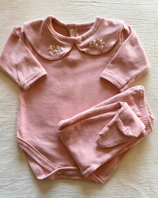 Set algodón - Rosa con florcitas blancas