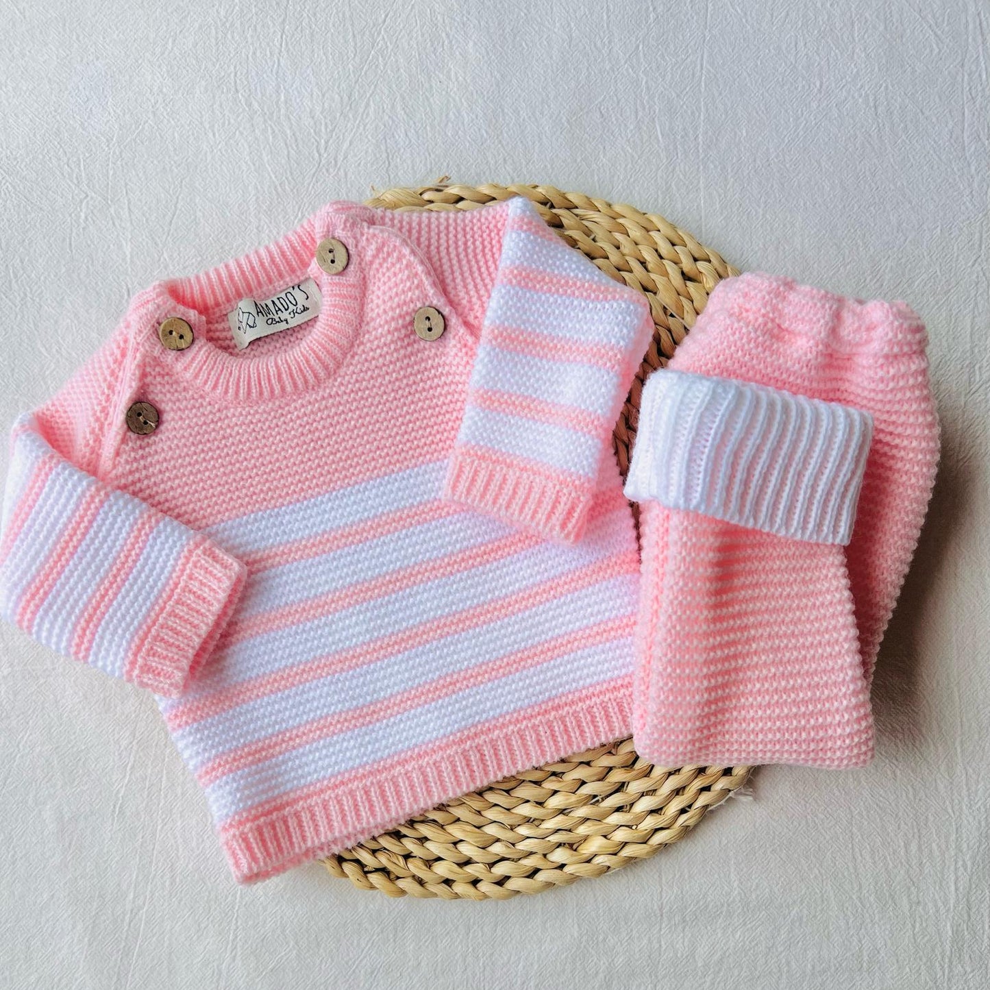Conjunto tejido - Rosa bebé a rayas