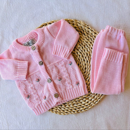Conjunto tejido - Rosa con florcitas