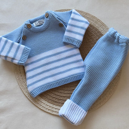 Conjunto tejido - Celeste a rayas