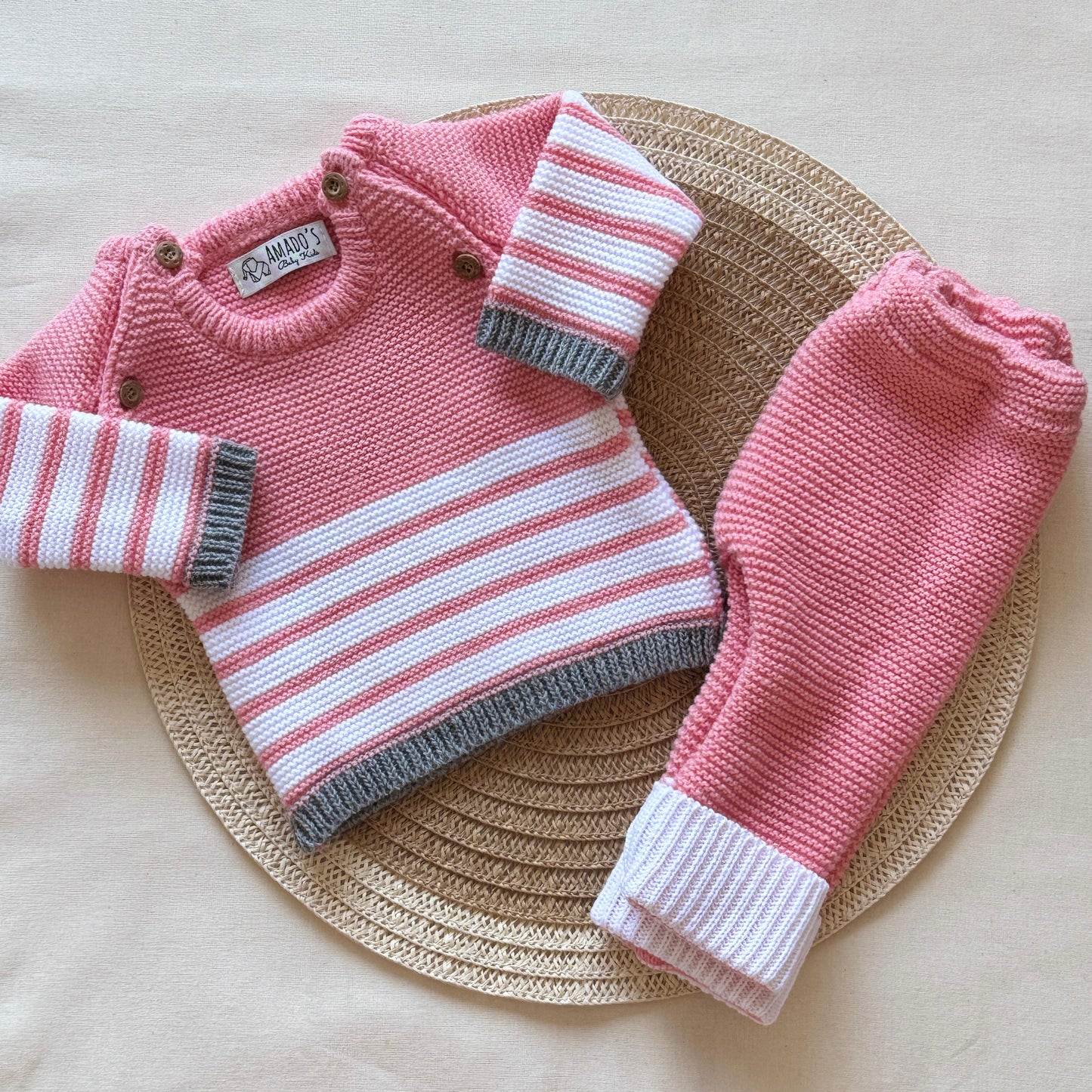 Conjunto tejido - Rosa y gris a rayas