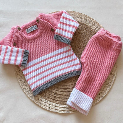 Conjunto tejido - Rosa y gris a rayas