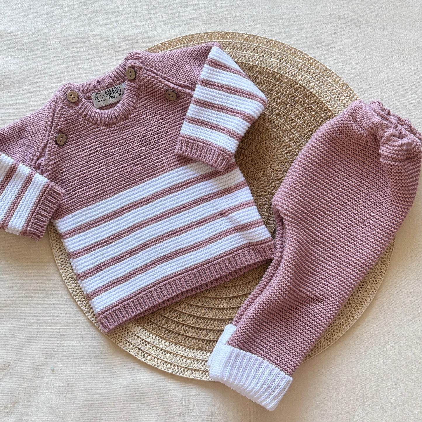 Conjunto tejido - Rosa viejo a rayas