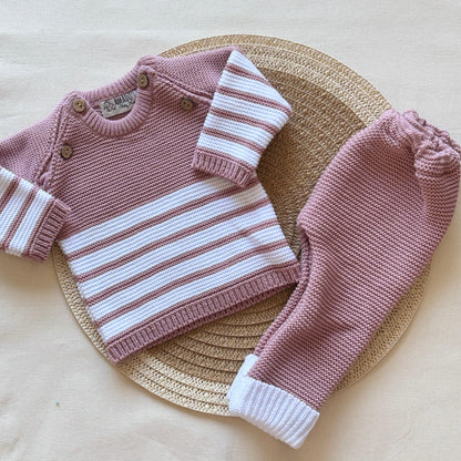 Conjunto tejido - Rosa viejo a rayas