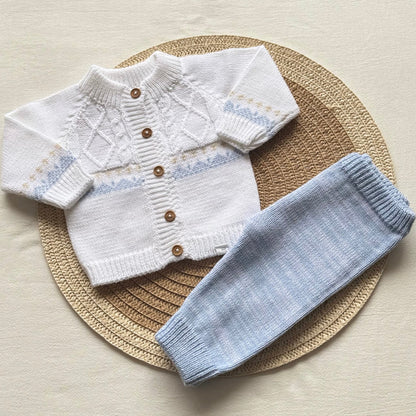 Conjunto hilo - Blanco y celeste bordado