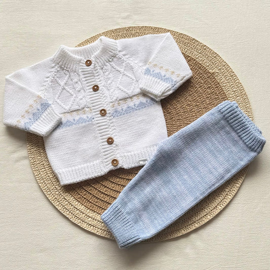 Conjunto hilo - Blanco y celeste bordado