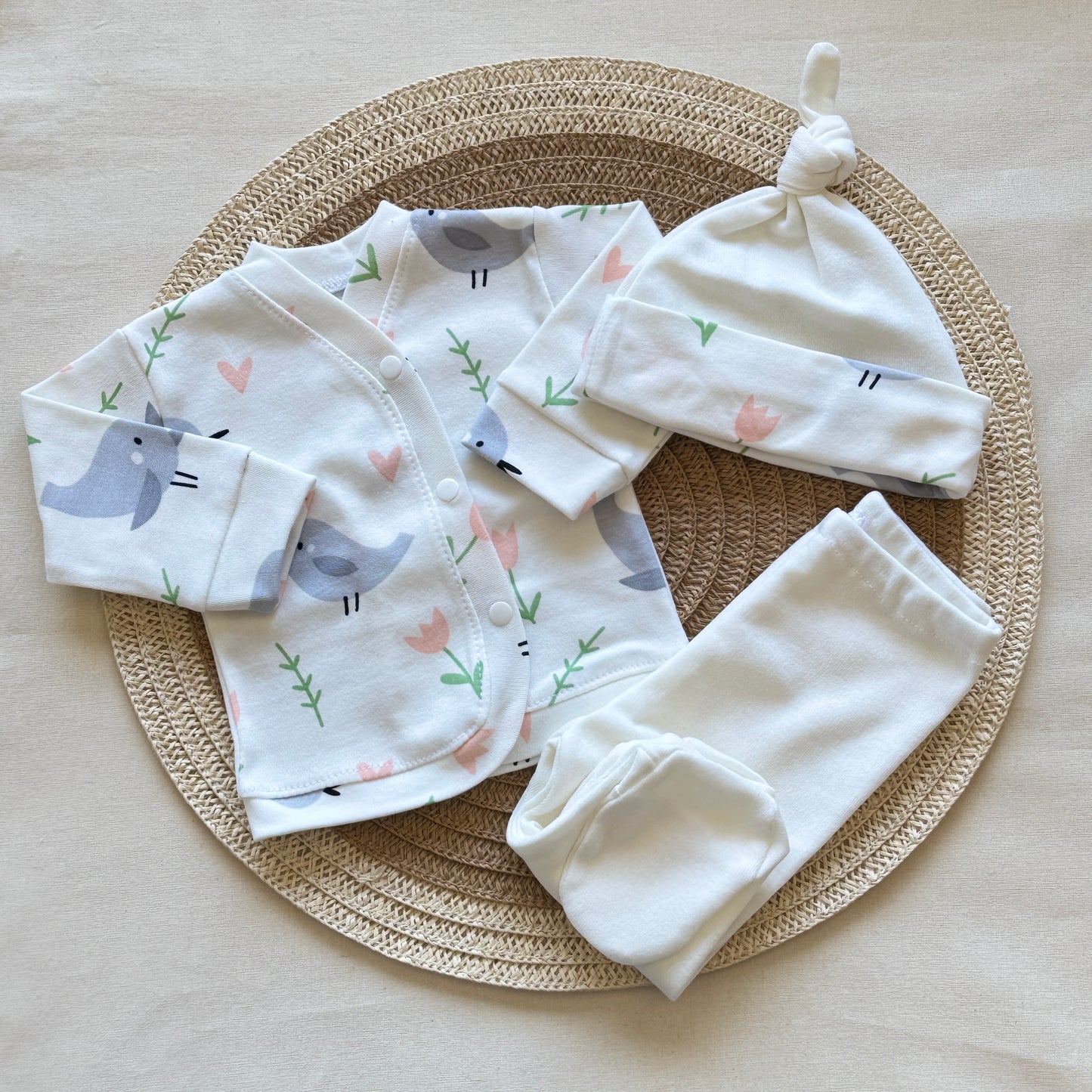 Set algodón - Pajaritos pantalón blanco