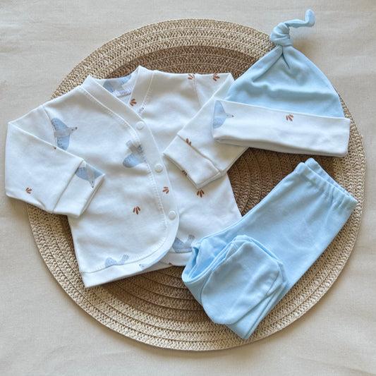 Set algodón - Aves pantalón celeste