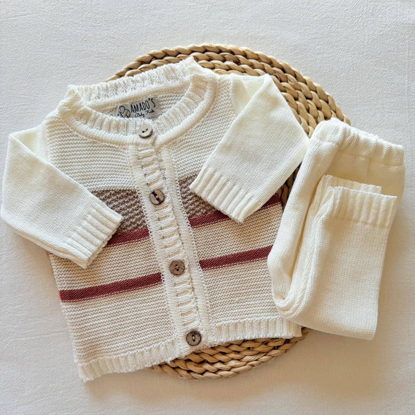 Conjunto hilo - Blanco a rayas rojas y beige