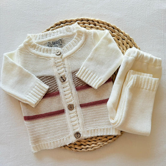 Conjunto hilo - Blanco a rayas rojas y beige