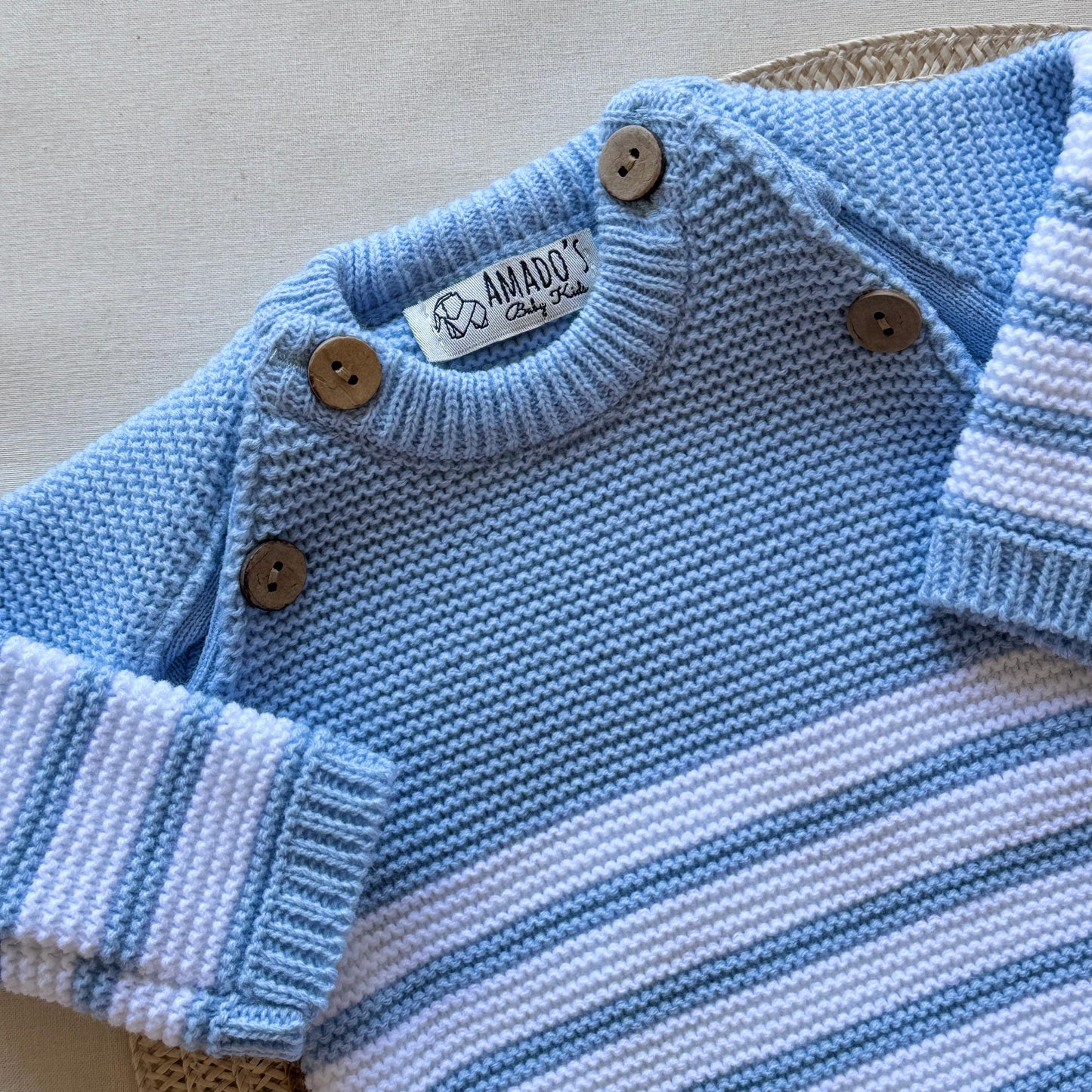 Conjunto tejido - Celeste a rayas