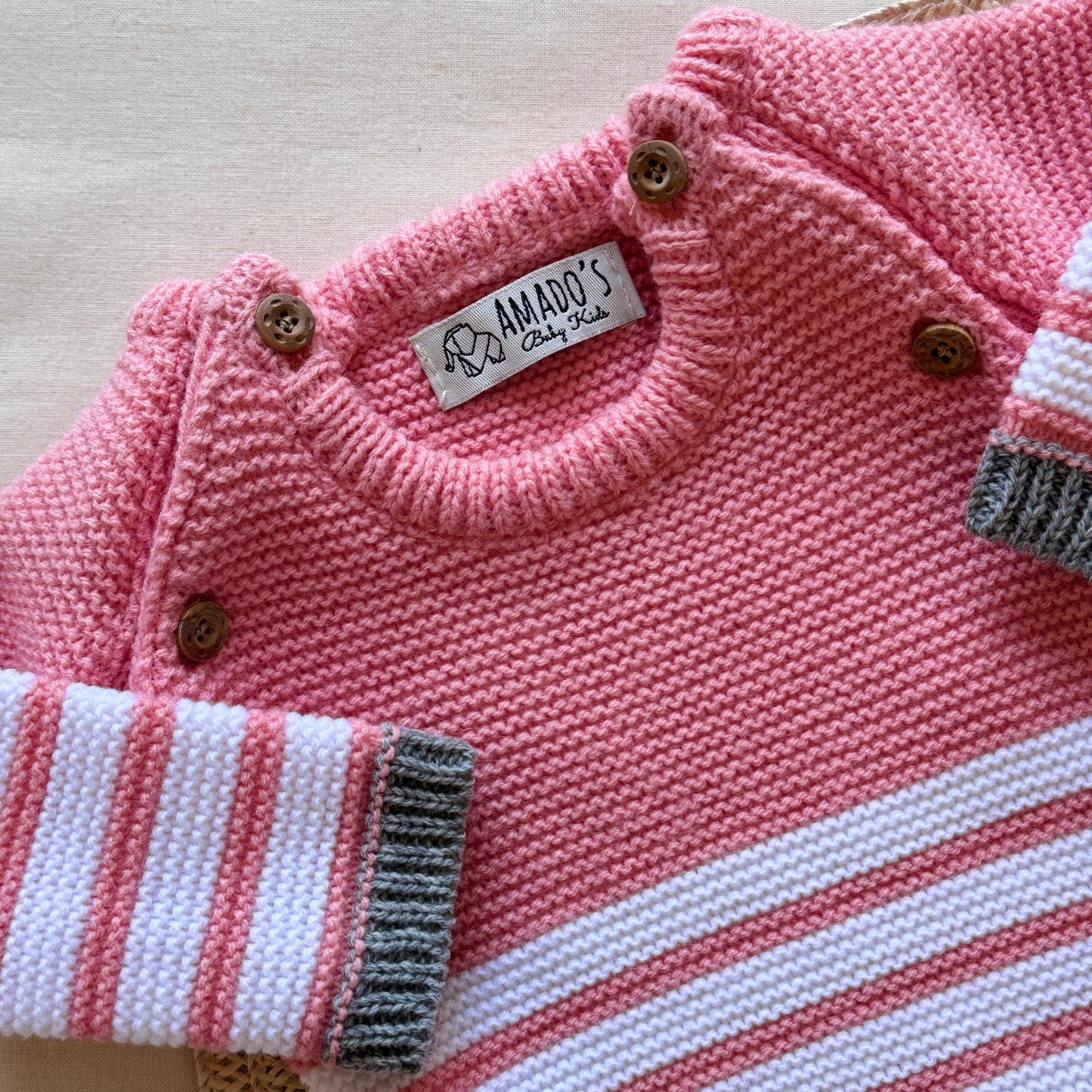 Conjunto tejido - Rosa y gris a rayas