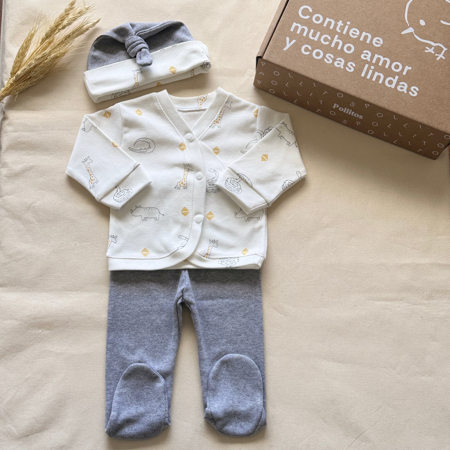 Set algodón - Blanco con animalitos pantalón gris