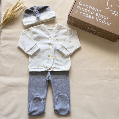 Set algodón - Blanco con animalitos pantalón gris