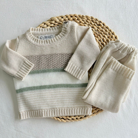 Conjunto hilo - Beige a rayas blancas y verdes