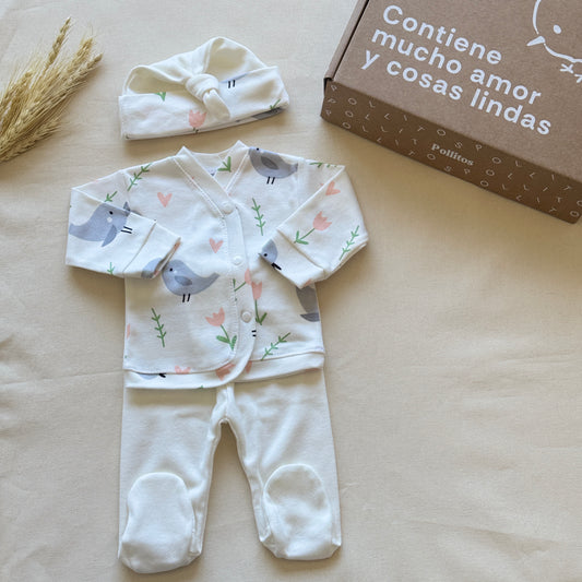 Set algodón - Pajaritos pantalón blanco