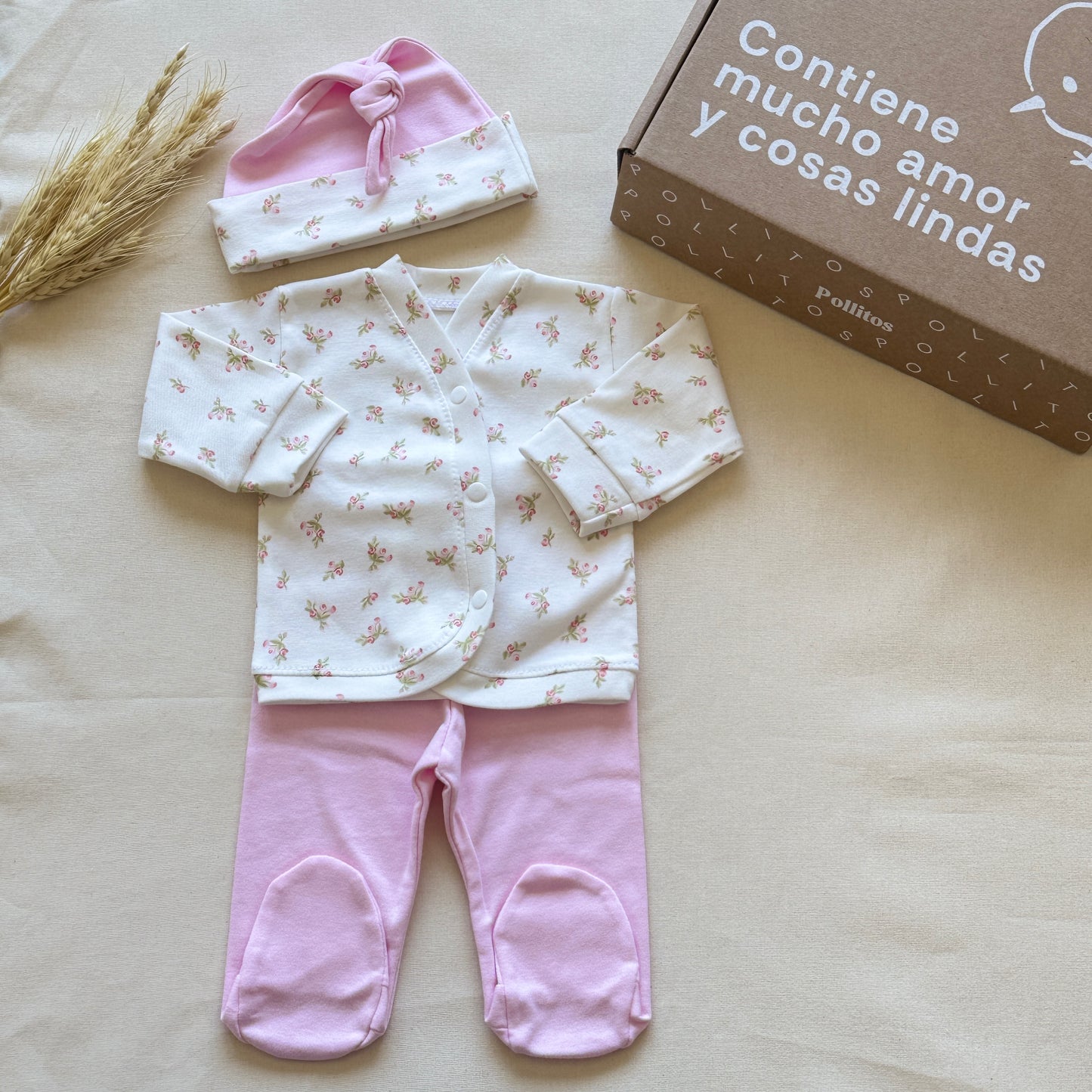 Set algodón - Flores pantalón rosa bebé