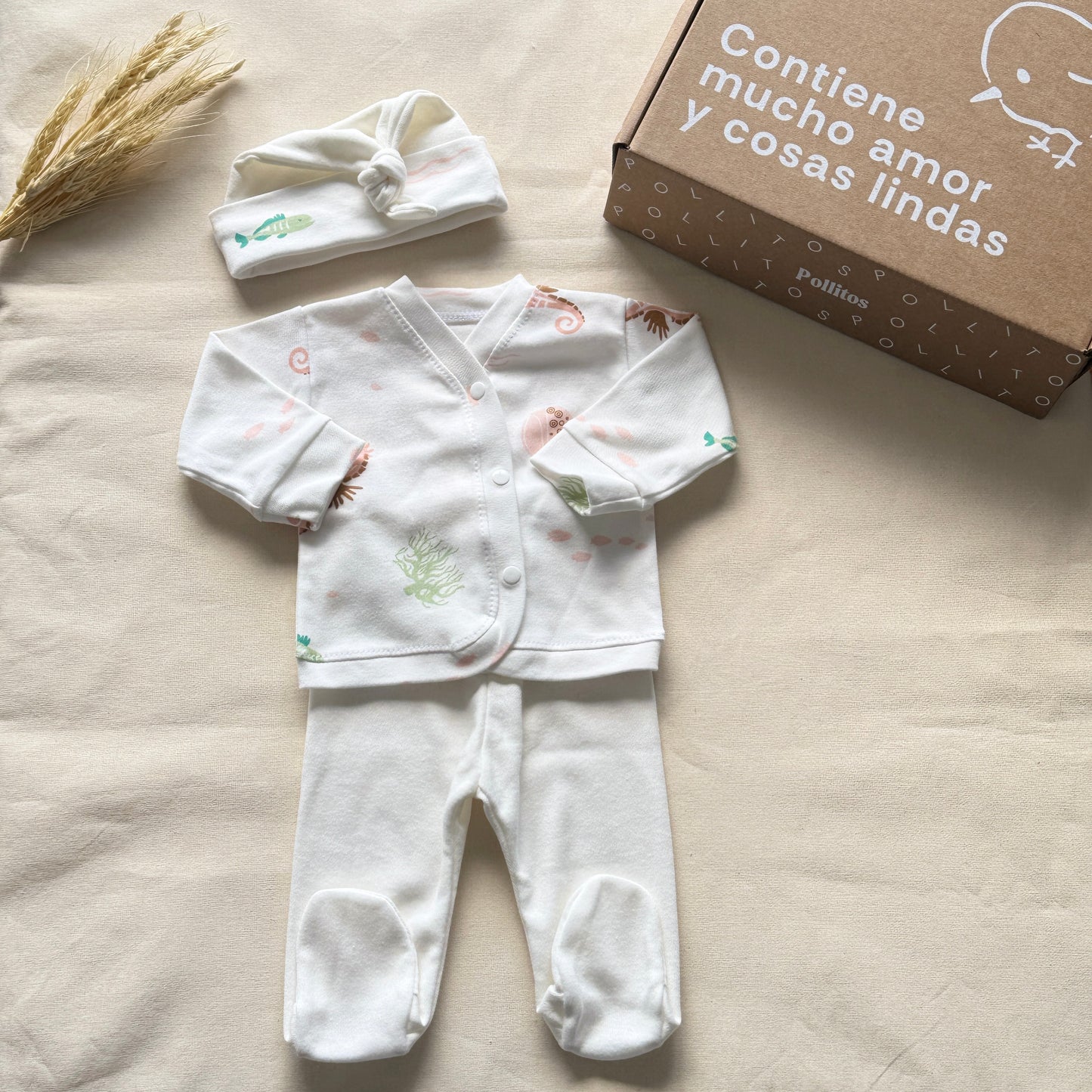 Set algodón - Caballito de mar coral pantalón blanco