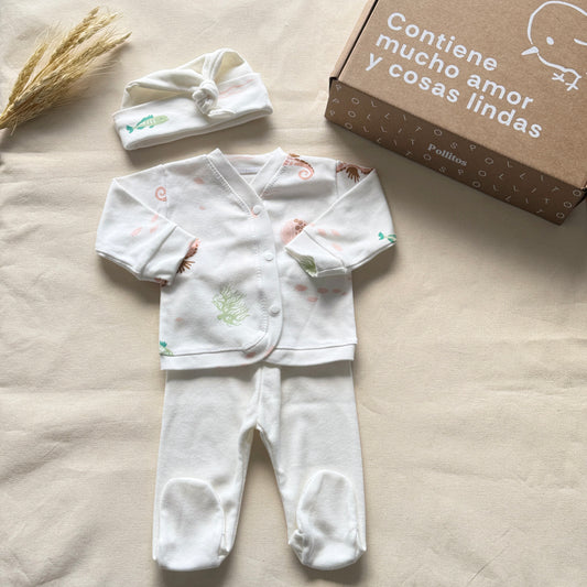 Set algodón - Caballito de mar coral pantalón blanco