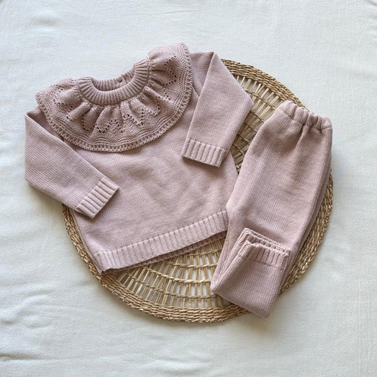 Conjunto tejido - Rosa pálido con cuellito volado