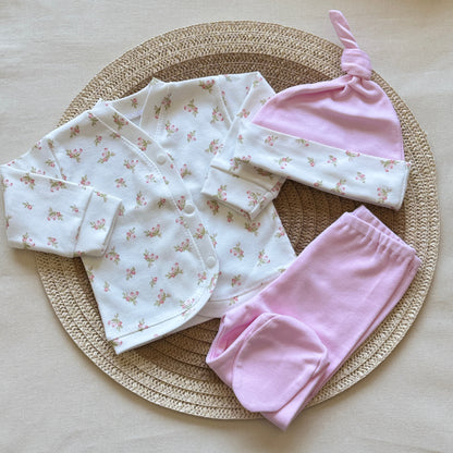 Set algodón - Flores pantalón rosa bebé