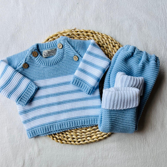 Conjunto tejido - Celeste a rayas