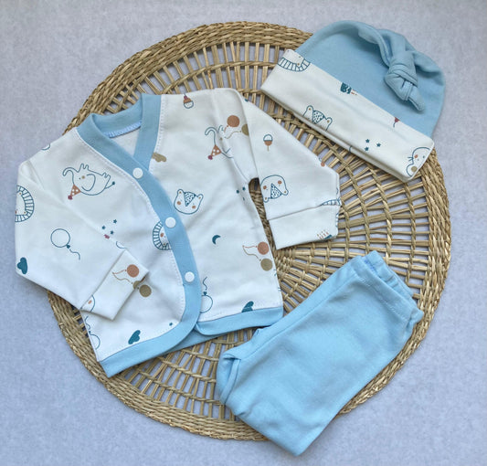 Set algodón - Celeste y blanco animalitos