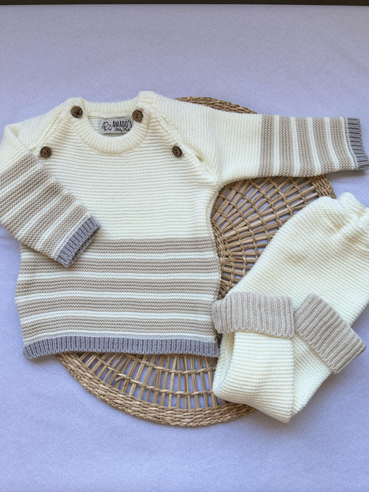 Conjunto tejido - Crema con gris a rayas