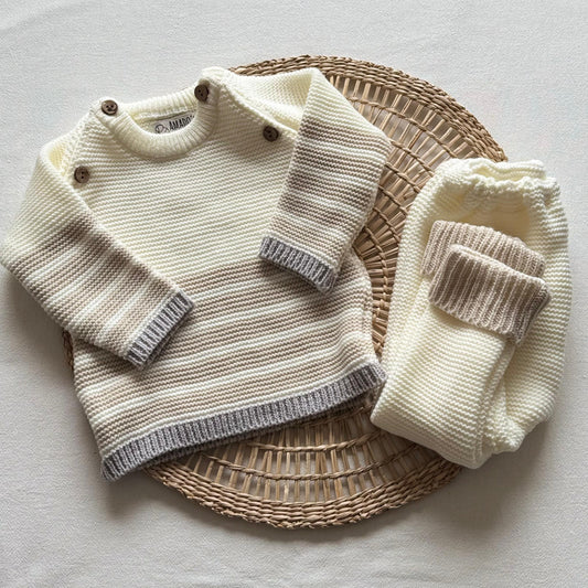 Conjunto tejido - Crema con gris a rayas
