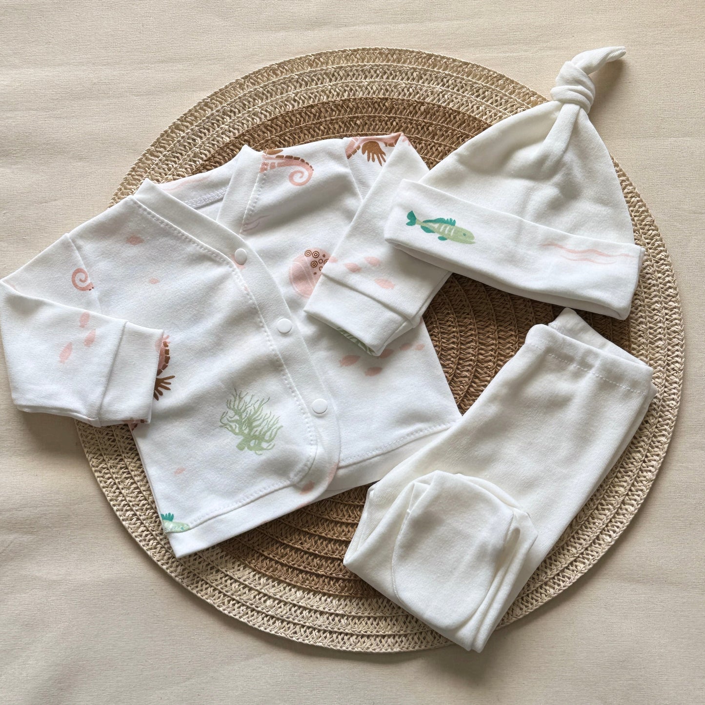 Set algodón - Caballito de mar coral pantalón blanco