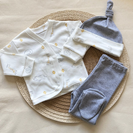 Set algodón - Blanco con animalitos pantalón gris