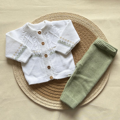 Conjunto hilo - Blanco y verde bordado