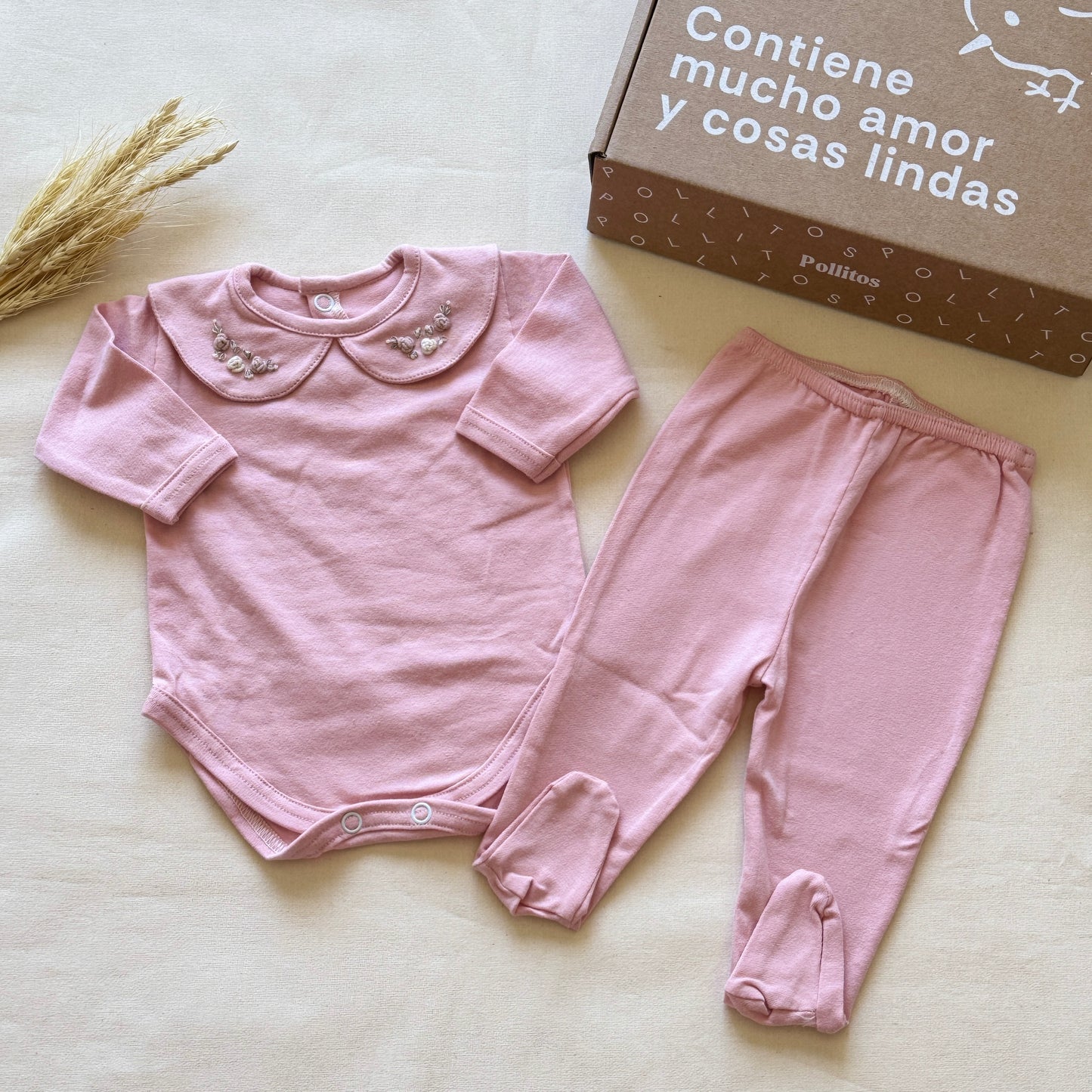 Set algodón - Rosa con florcitas blancas y rosas