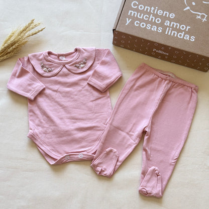 Set algodón - Rosa con florcitas blancas y rosas