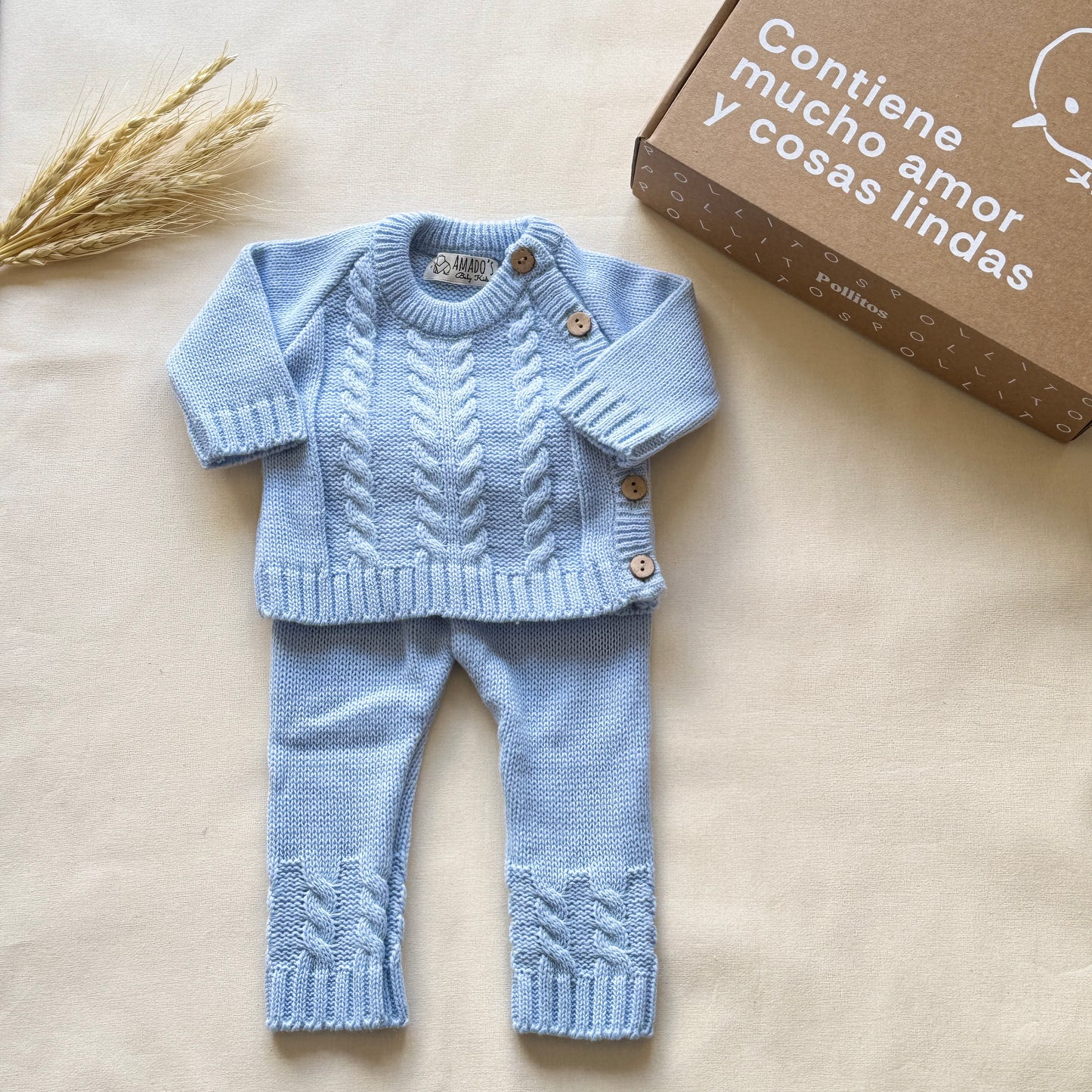 Conjunto tejido - Celeste con botones