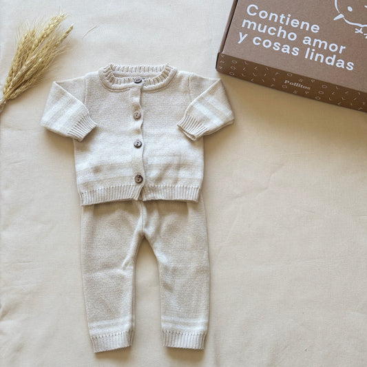 Conjunto hilo - Beige con rayas blancas