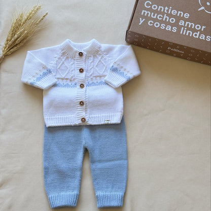 Conjunto hilo - Blanco y celeste bordado